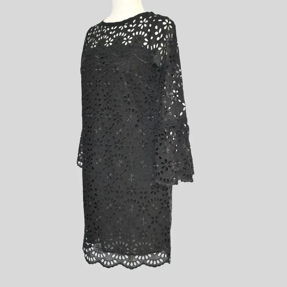 J.Crew Embroidered Eyelet Bell Sleeve Shift Dress Black 00 Mini Scallop NWT